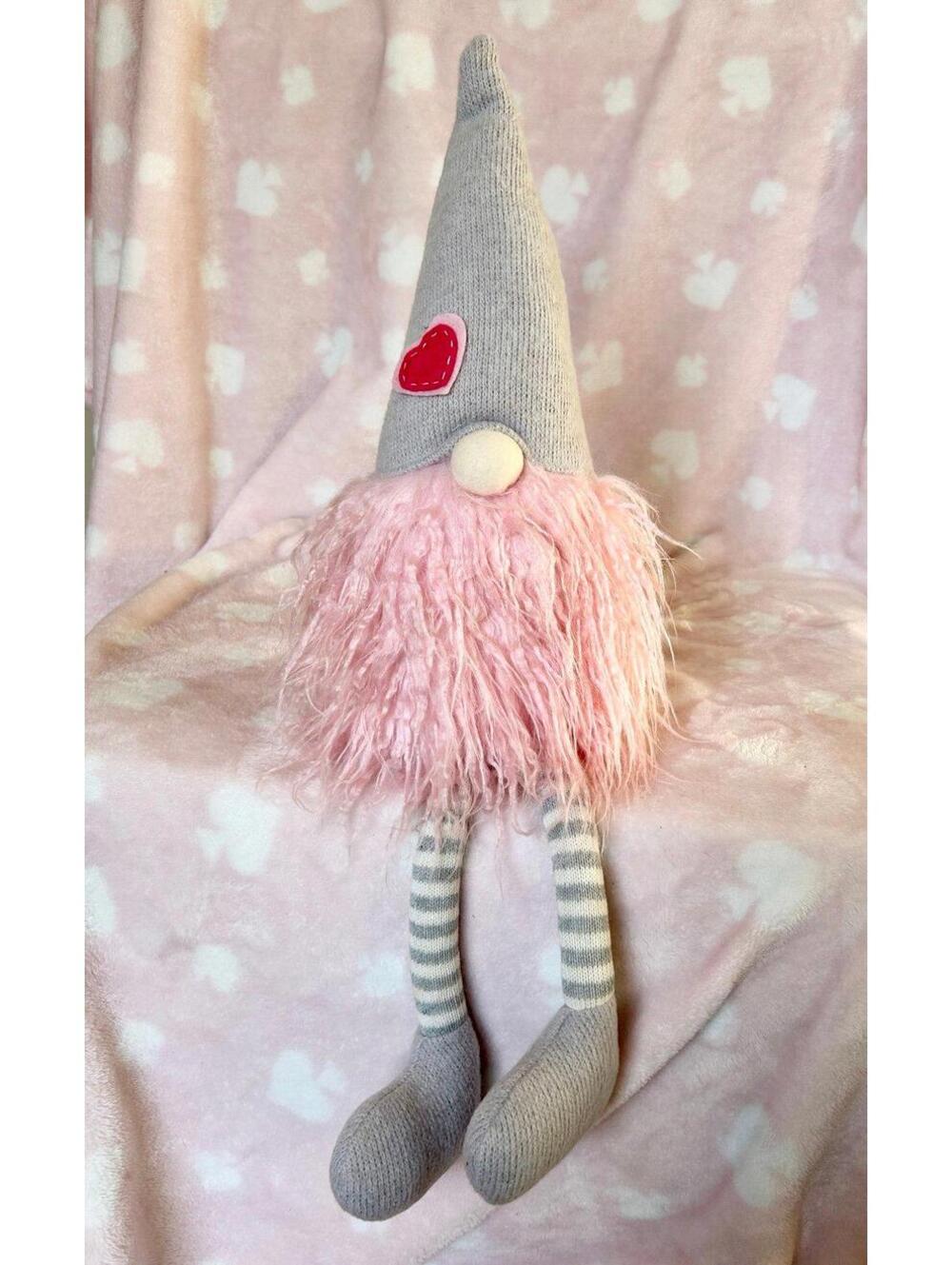 Handmade Plush Gnome Doll with Pink Fluffy Beard and Heart Patch